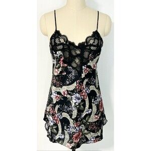 Vintage Victorias Secret Gold Label Black Floral Satin Lace Nightgown Chemise L
